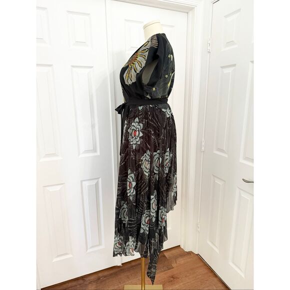 Dries Van Noten Pleated Black Kimono Sleeve Asymmetric Wrap Midi Dress 38 - Picture 7 of 9